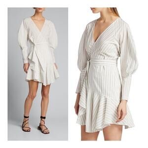 NEW A.L.C Enzo Puff Sleeve Wrap Dress Size 4 White Striped Tie Front Luxury